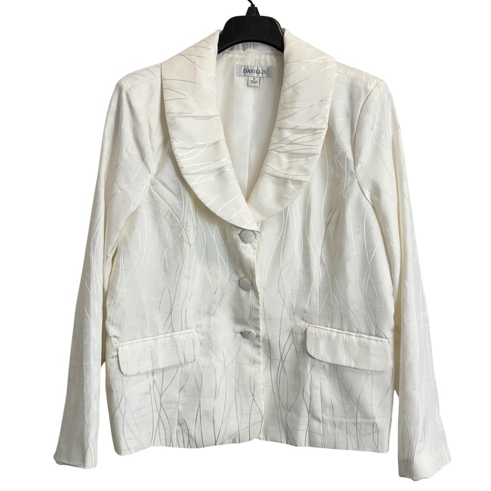 Danillo Womens White Jacquard Blazer Pleated Shawl Collar Jacket Size 16